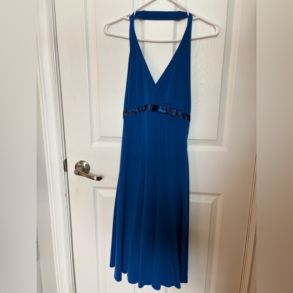 VINTAGE Jessica Royal Blue Halter Midi Dress with Satin Ribbon Detail